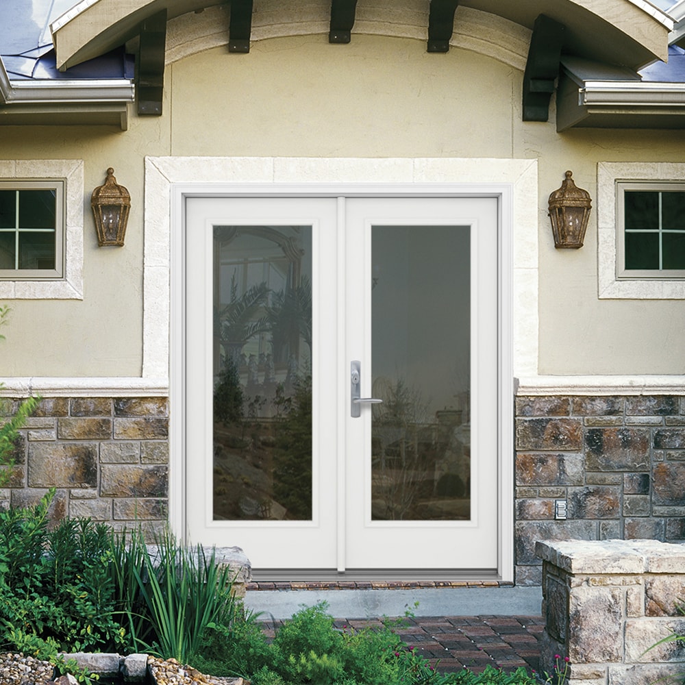 JELD-WEN F-3500 72-in x 80-in 4-9/16-in Jamb Primed Fiberglass French Right-Hand Inswing Double Patio Door with Low-E Glass, Brickmould Included