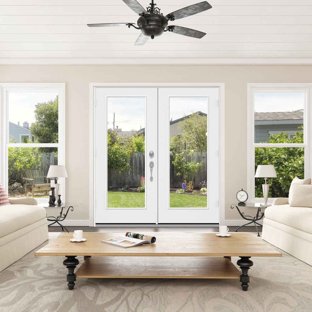 JELD-WEN F-3500 72-in x 80-in 4-9/16-in Jamb Primed Fiberglass French Right-Hand Inswing Double Patio Door with Low-E Glass, Brickmould Included