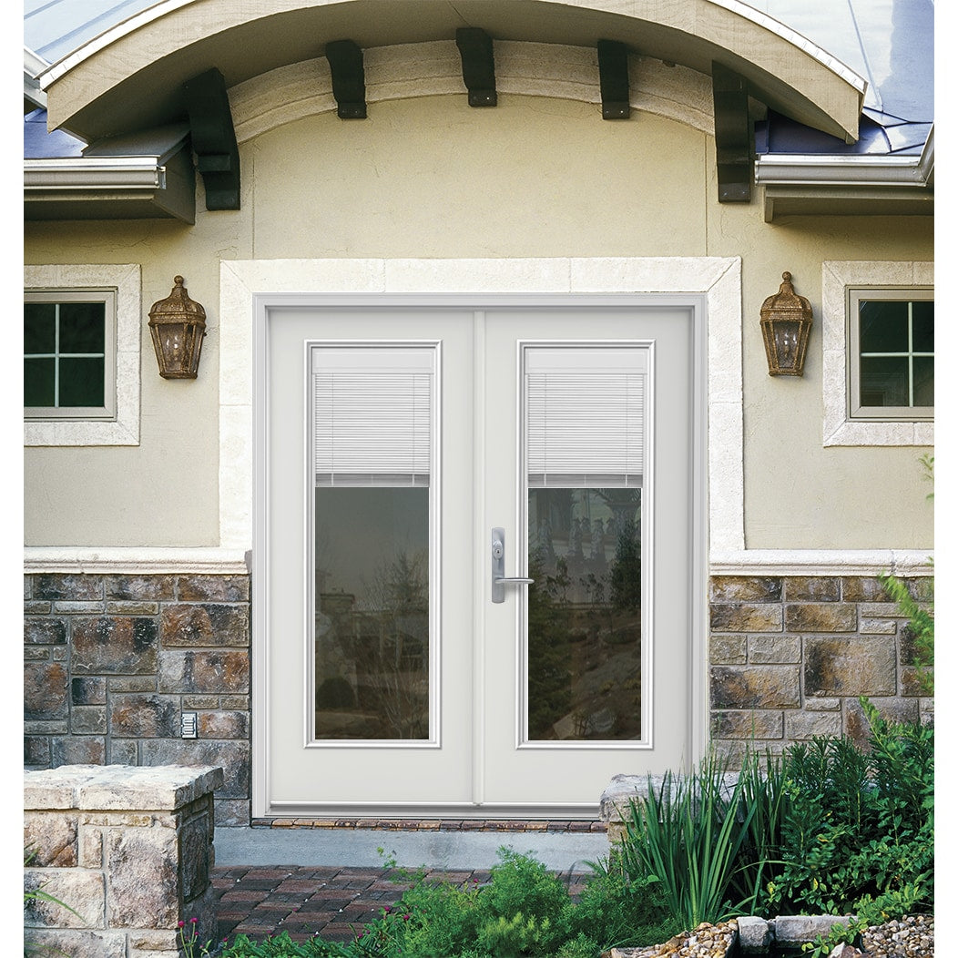 JELD-WEN F-3500 72-in x 80-in x 4-9/16-in Primed Fiberglass French Patio Door, Right-Hand Inswing, Low-E Tempered Glass with Blinds (Brickmould Included)