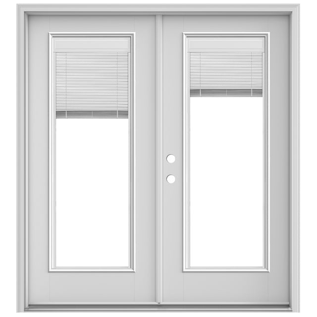 JELD-WEN F-3500 72-in x 80-in x 4-9/16-in Primed Fiberglass French Patio Door, Right-Hand Inswing, Low-E Tempered Glass with Blinds (Brickmould Included)