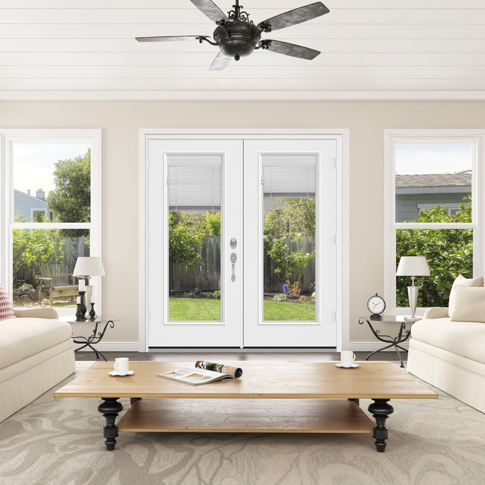 JELD-WEN F-3500 72-in x 80-in x 4-9/16-in Primed Fiberglass French Patio Door, Right-Hand Inswing, Low-E Tempered Glass with Blinds (Brickmould Included)