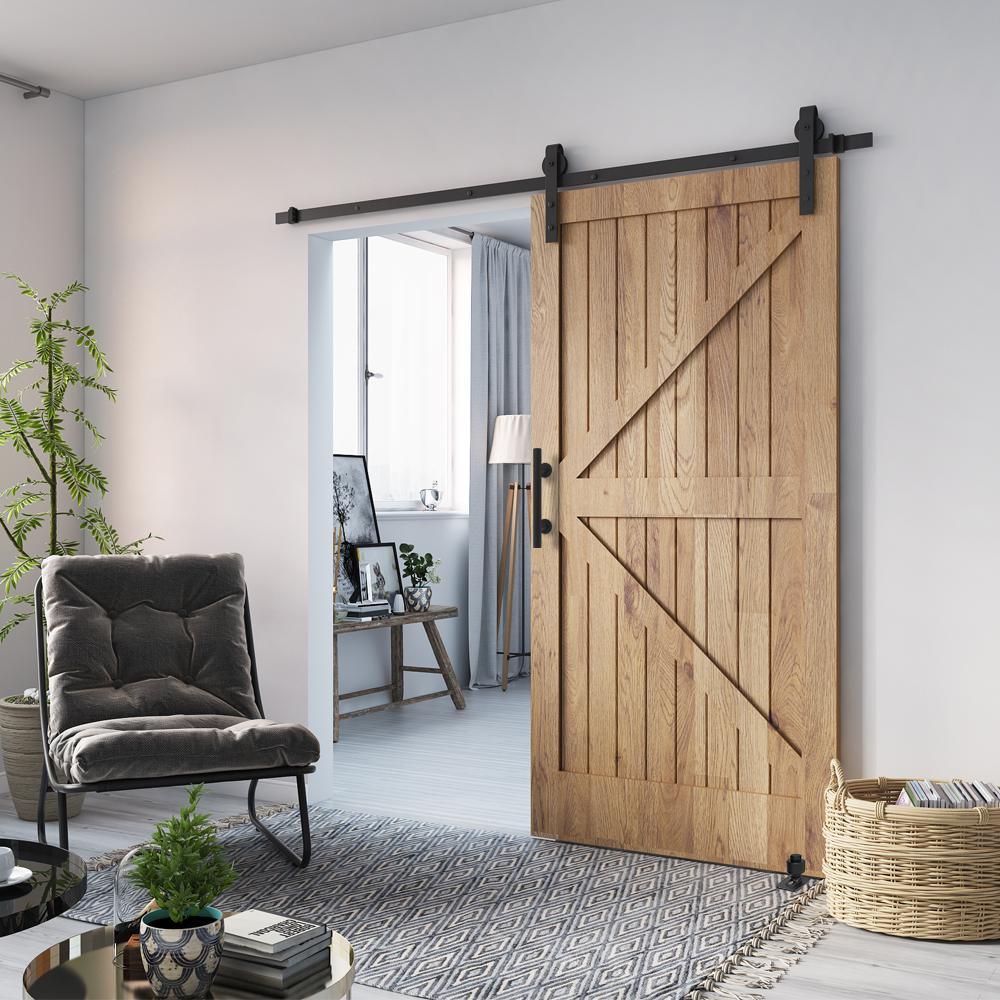 6 ft./72 in. Black Steel Bent Strap Sliding Barn Door Track and Hardware Kit with 12 in. Cylinder Handle and Floor Guide - Super Arbor