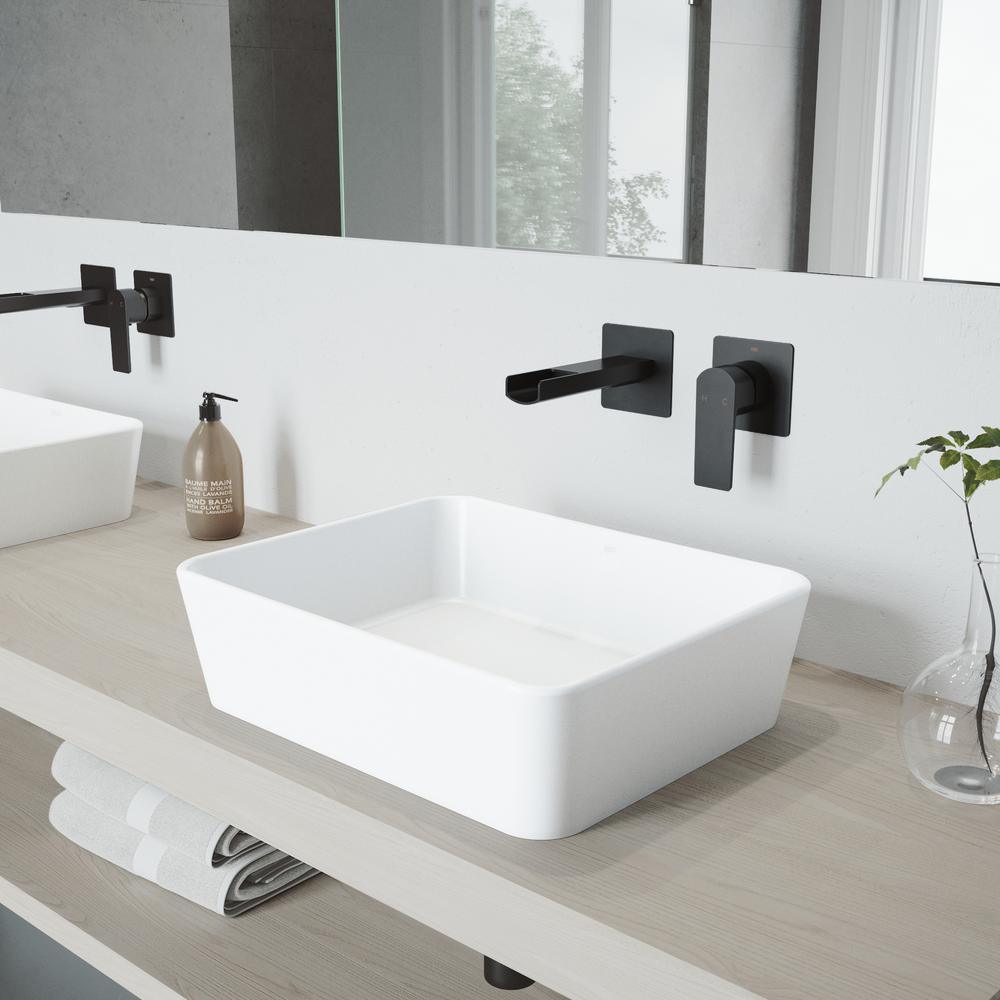 Marigold White Matte Stone Vessel Bathroom Sink Set with Atticus Wall Mount Faucet in Matte Black - Super Arbor