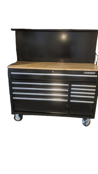 Husky 52 in. W 9-Drawer, Deep Tool Chest Mobile Workbench in Gloss Black with Pegboard