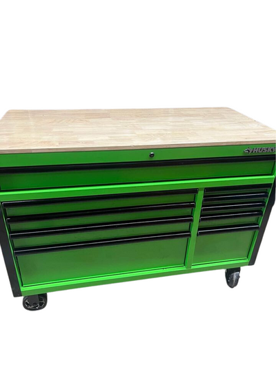 Husky 52 in. W x 24.5 in. D Standard Duty 10-Drawer Mobile Workbench Tool Chest with Solid Wood Work Top in Gloss Green