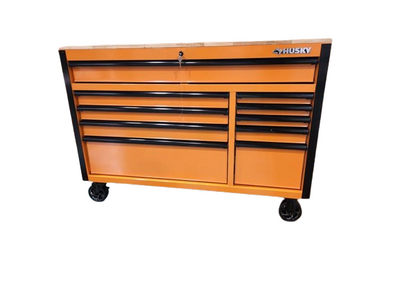 52 in. W x 24.5 in. D Standard Duty 10-Drawer Mobile Workbench Tool Chest with Solid Wood Work Top in Gloss Orange