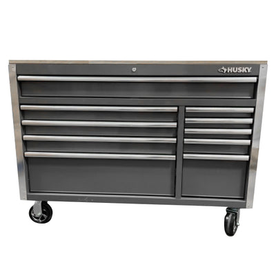 Husky 52 in. W x 25 in. D Standard Duty 9-Drawer Mobile Workbench Cabinet with Solid Wood Top in Gloss Gray