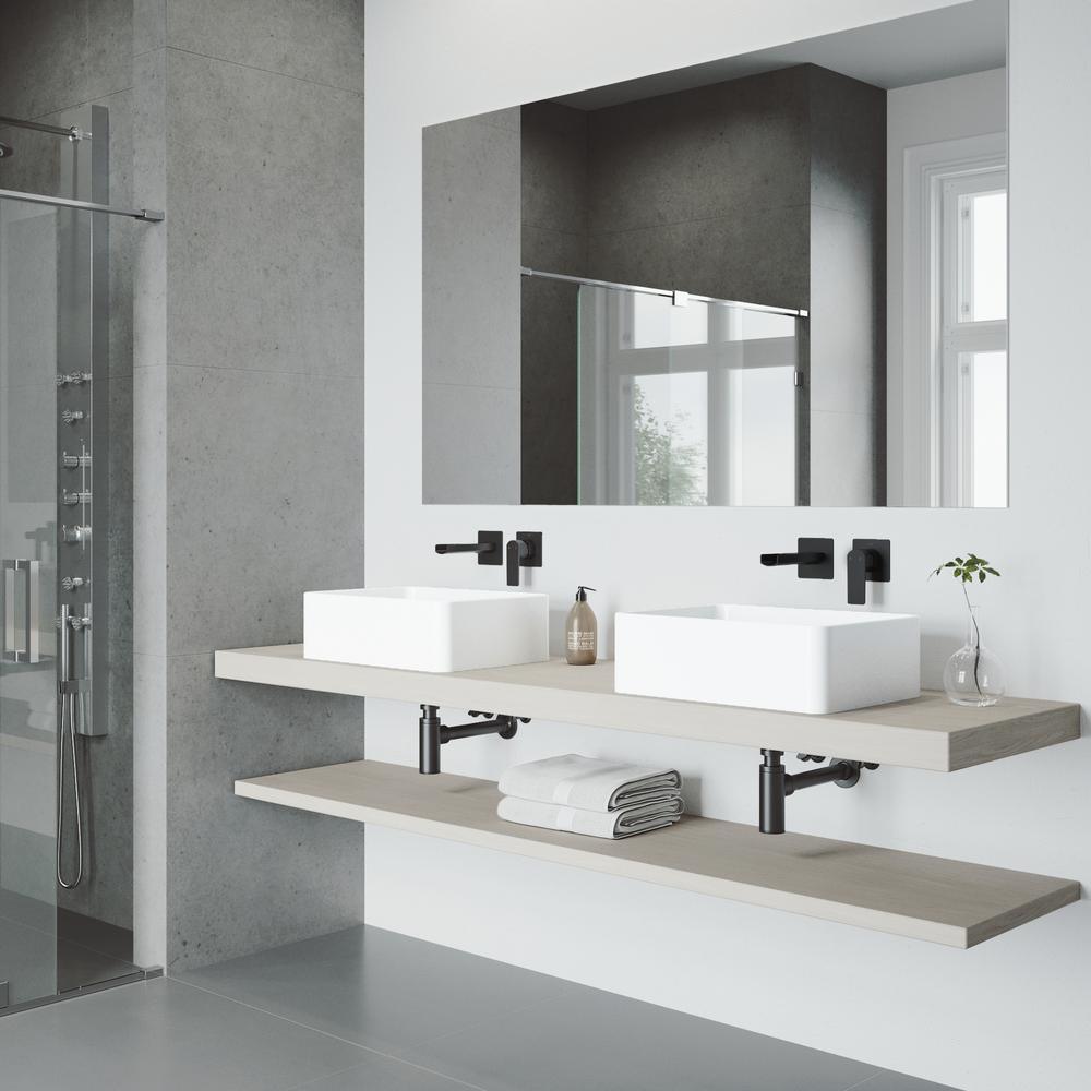 Amaryllis White Matte Stone Vessel Bathroom Sink Set with Atticus Wall Mount Faucet in Matte Black - Super Arbor