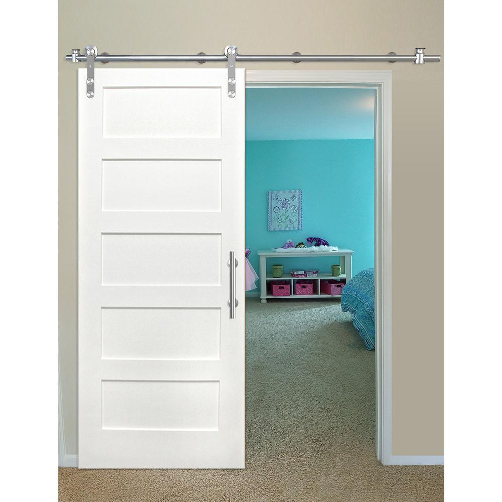 36 in. x 80 in. Shaker 5-Panel Primed Pine Interior Sliding Barn Door with Round Stainless Steel Hardware Kit - Super Arbor