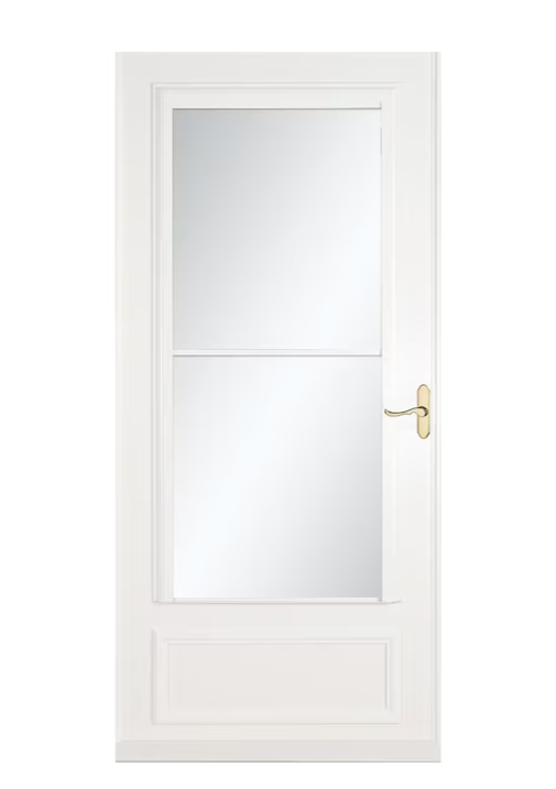 LARSON Savannah 30-in x 81-in White Mid-view Retractable Screen Wood Core Storm Door with Polished Brass Handle
