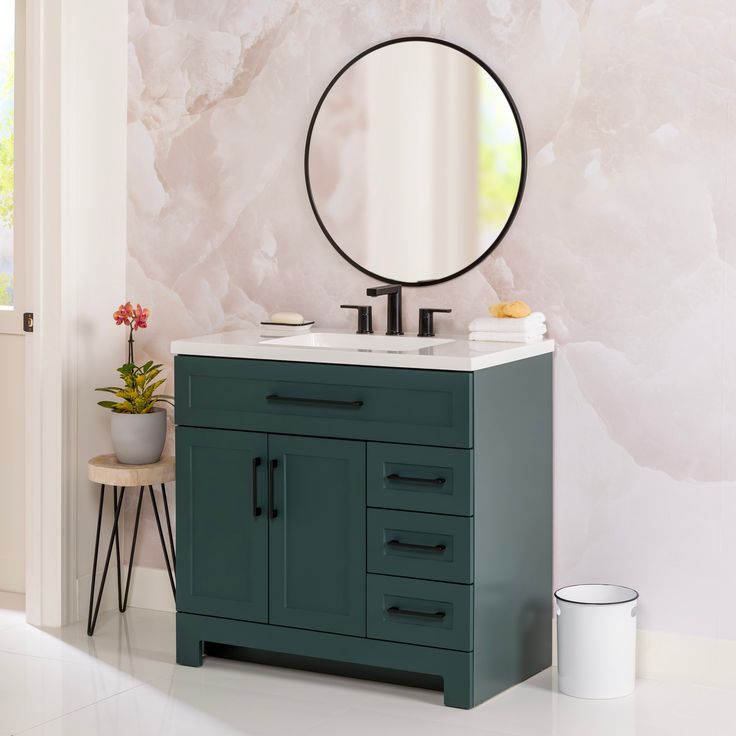 Style Selections Cauley 36-in Viridian Green Single Sink Bathroom Vanity with White Cultured Marble Top
