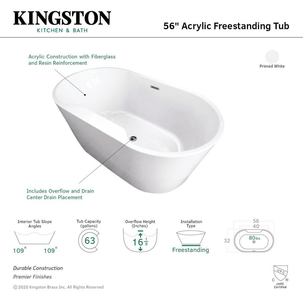 56 in. Acrylic Center Drain Oval Flatbottom Freestanding Bathtub in White - Super Arbor