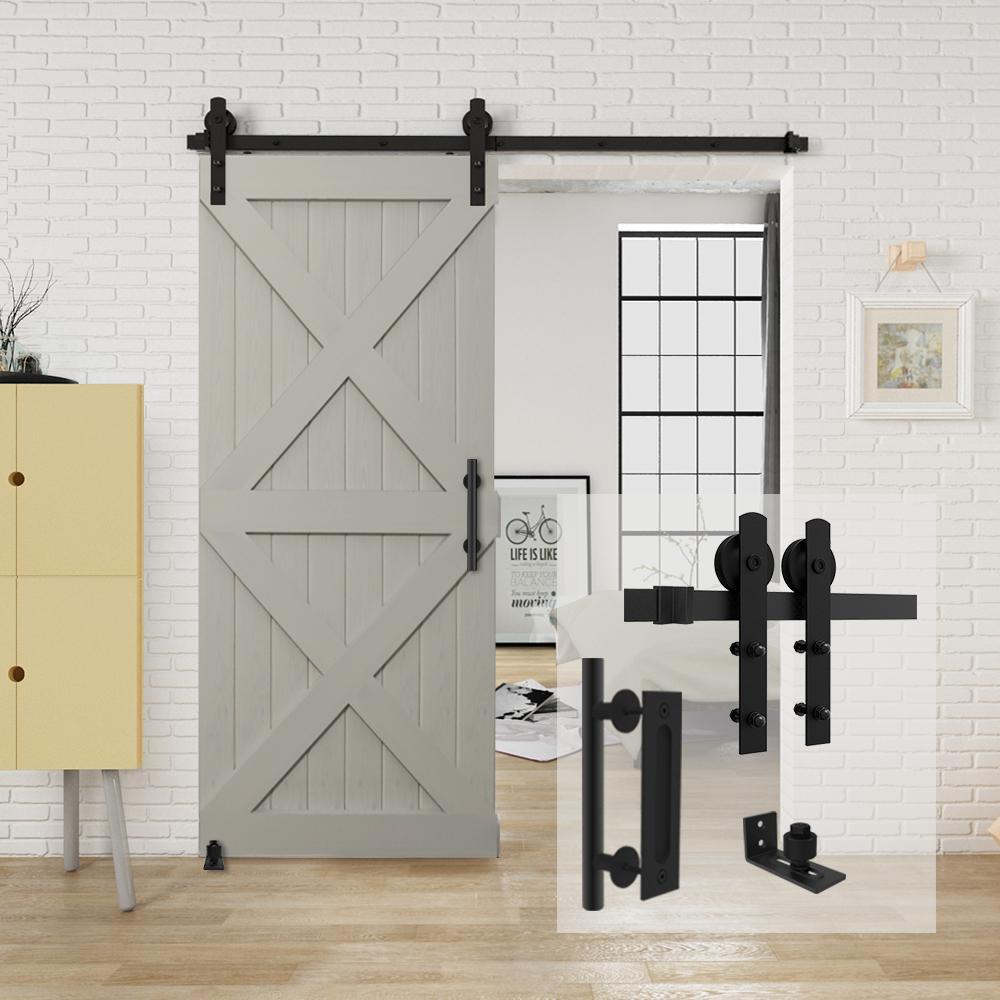 6.6 ft./79 in. Black Steel Straight Strap Sliding Barn Door Track and Hardware Kit w/12 in. Ladder Pull and Flush Handle - Super Arbor