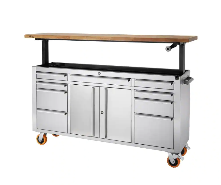 PRO 72 in. 9-Drawer Stainless Steel Workbench with Adjustable Top ...
