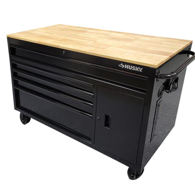 Husky 56 in. W 5-Drawer 1-Door, Deep Tool Chest Mobile Workbench in Gloss Black with Hardwood Top