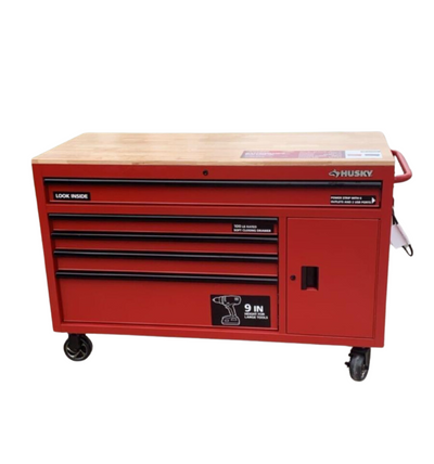 Husky 56 in. W 5-Drawer 1-Door, Deep Tool Chest Mobile Workbench in Matte Red with Hardwood Top