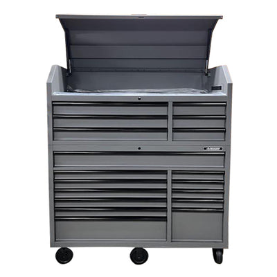 Husky 56 in. W x 22 in. D Heavy Duty 18-Drawer Combination Rolling Tool Chest and Top Tool Cabinet Set in Matte Gray