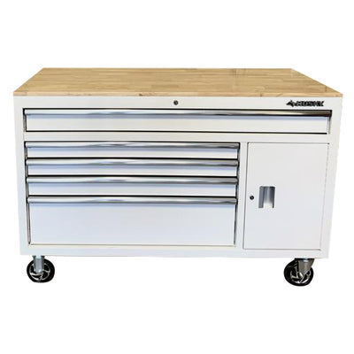 Husky 56 in. W x 24.5 in. D Deep 5-Drawer 1-Door Gloss White Deep Tool Chest Mobile Workbench with Hardwood Top