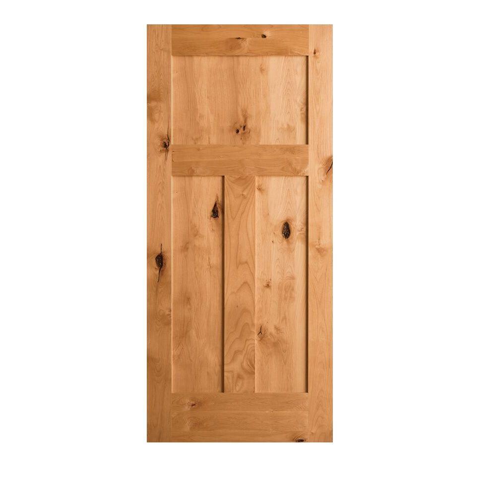 30 in. x 80 in. Krosswood Craftsman 3-Panel Shaker Solid Wood Core Rustic Knotty Alder Interior Door Slab - Super Arbor