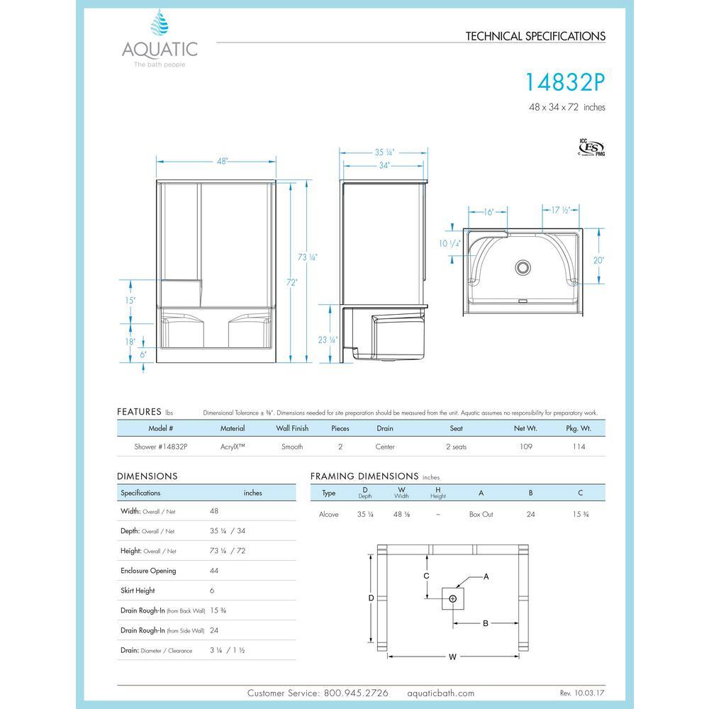 Varia 48 in. x 34 in. x 72 in. 2-Piece Shower Stall with 2 Seats and Center Drain in White - Super Arbor
