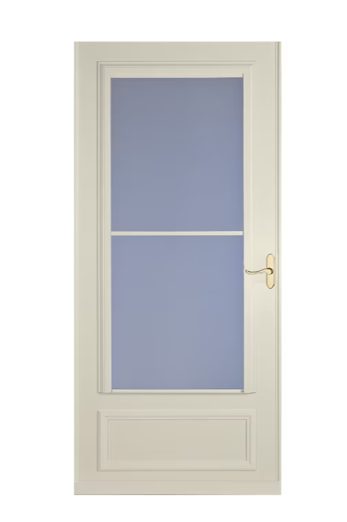 LARSON Savannah 32-in x 81-in Almond Mid-view Retractable Screen Wood Core Storm Door with Polished Brass Handle