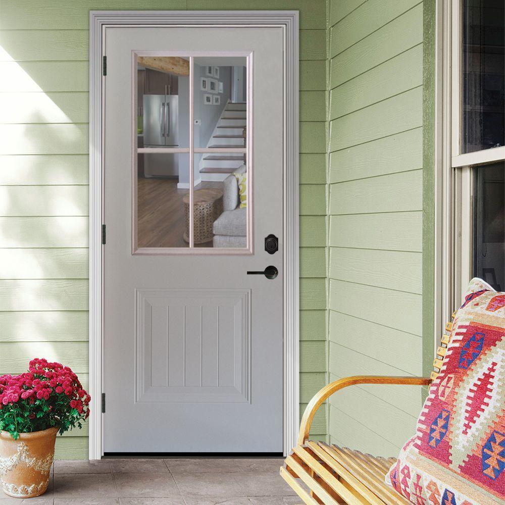 32 in. x 80 in. Premium Clear 4 Lite Plank Panel White Primed Steel Prehung Front Door - Super Arbor