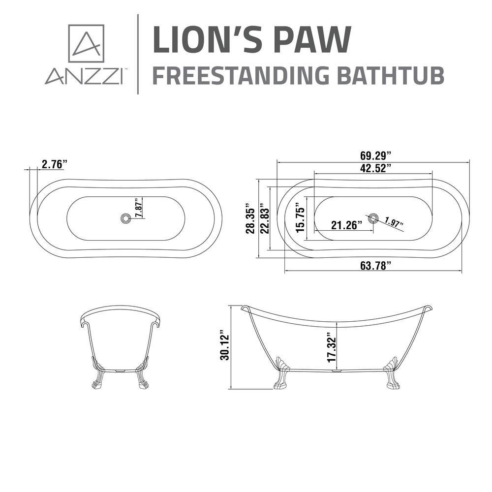 Belissima 69.29 in. Acrylic Double Slipper Clawfoot Non-Whirlpool Bathtub in White with Chrome Lion's Paw Feet - Super Arbor