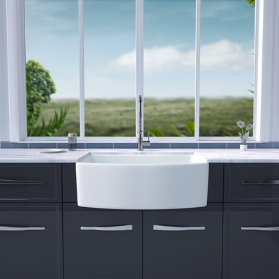 Glossy Fireclay 30 in. Single Bowl Farmhouse Apron-Front Kitchen Sink with Strainer