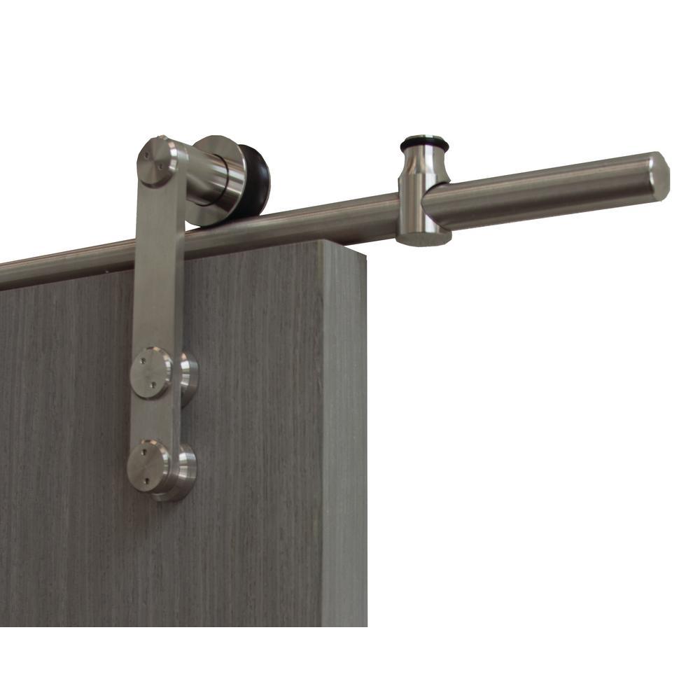 36 in. x 84 in. 4-Lite Driftwood Clear Coat Interior Sliding Barn Door with Round Stainless Steel Hardware Kit - Super Arbor