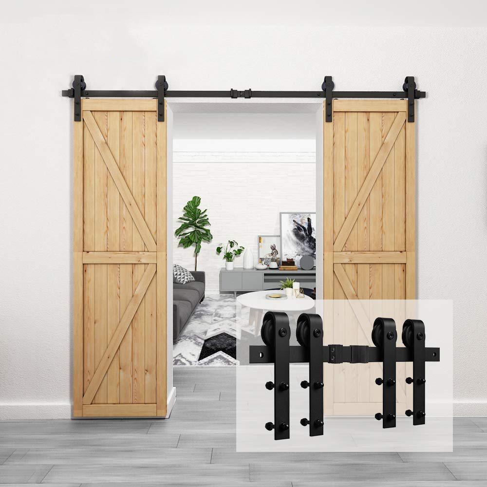8 ft./96 in. Black Steel Sliding Barn Door Track and Hardware Kit for Double Doors with Floor Guides (J-Shape Hanger) - Super Arbor