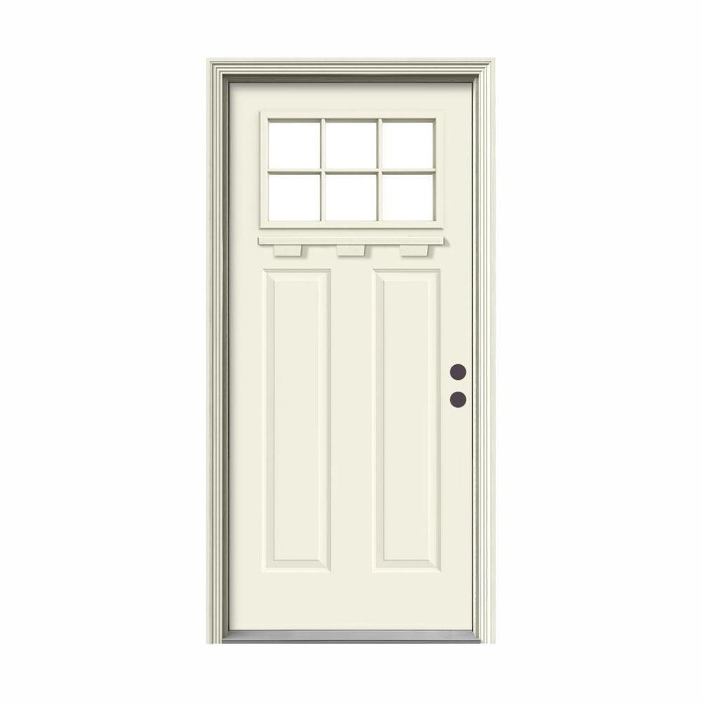 " 36 in. x 80 in. 6 Lite Craftsman Primed Steel Prehung Left-Hand Inswing Front Door w/Brickmould and Shelf"