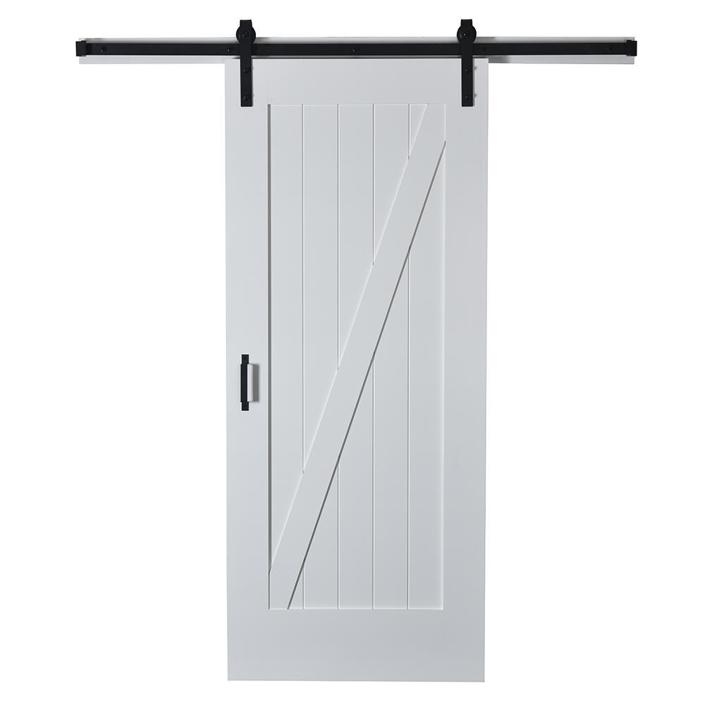 43 in. x 84 in. Z Planked Primed MDF Solid Core Wood Barn Door with Matte Black Sliding Door Hardware Kit - Super Arbor