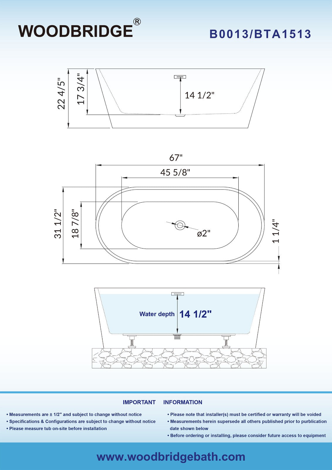 WOODBRIDGE 67 in. L x 31.5 in. W Acrylic Freestanding Flat-Bottom Soaking Bathtub, White, with Brushed Nickel Overflow & Drain