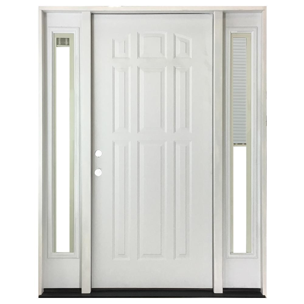 68 in. x 80 in. 9-Panel Primed White Left-Hand Steel Prehung Front Door with 14 in. Mini Blind Sidelites 4 in. Wall - Super Arbor