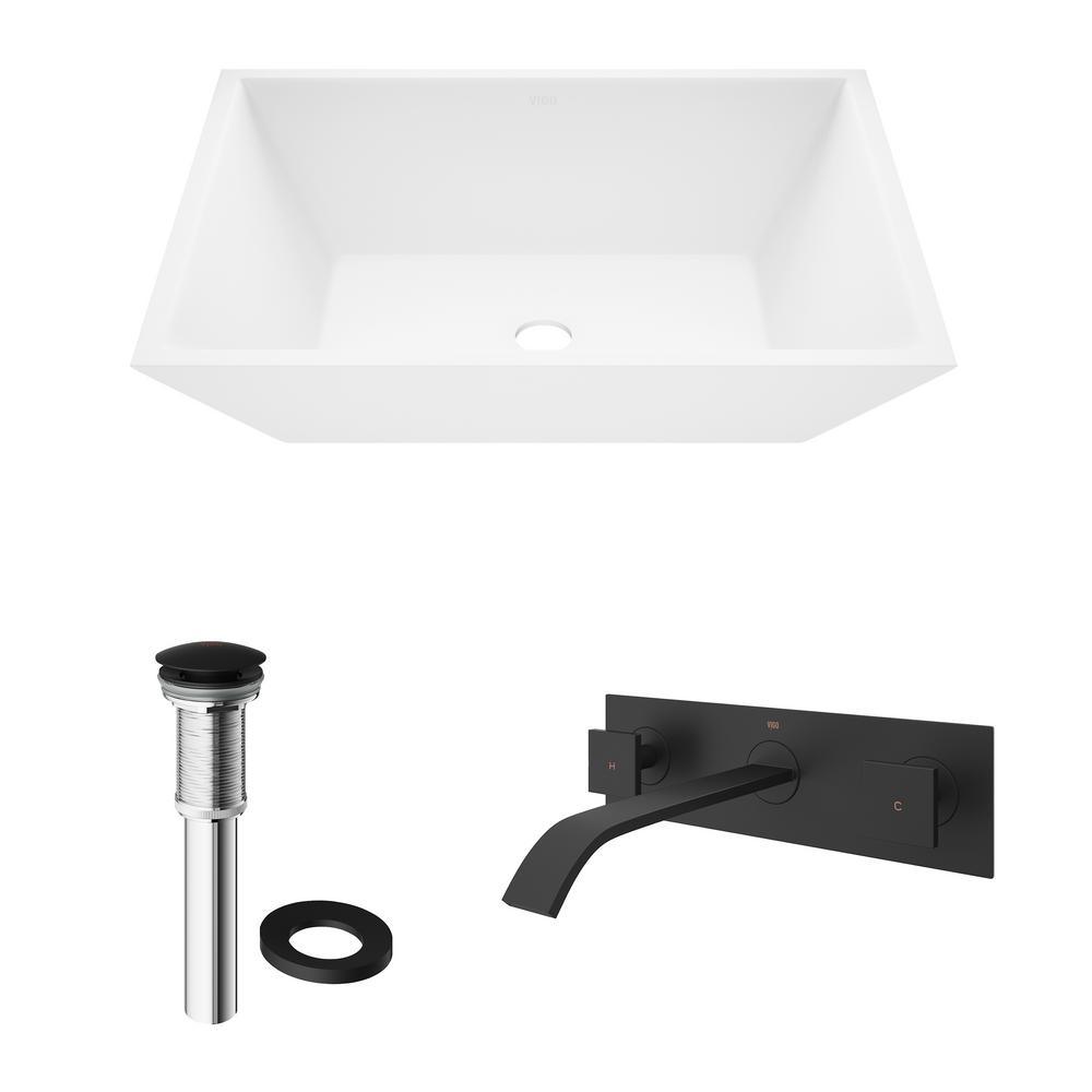 Vinca White Matte Stone Vessel Bathroom Sink Set with Titus Wall Mount Faucet in Matte Black - Super Arbor