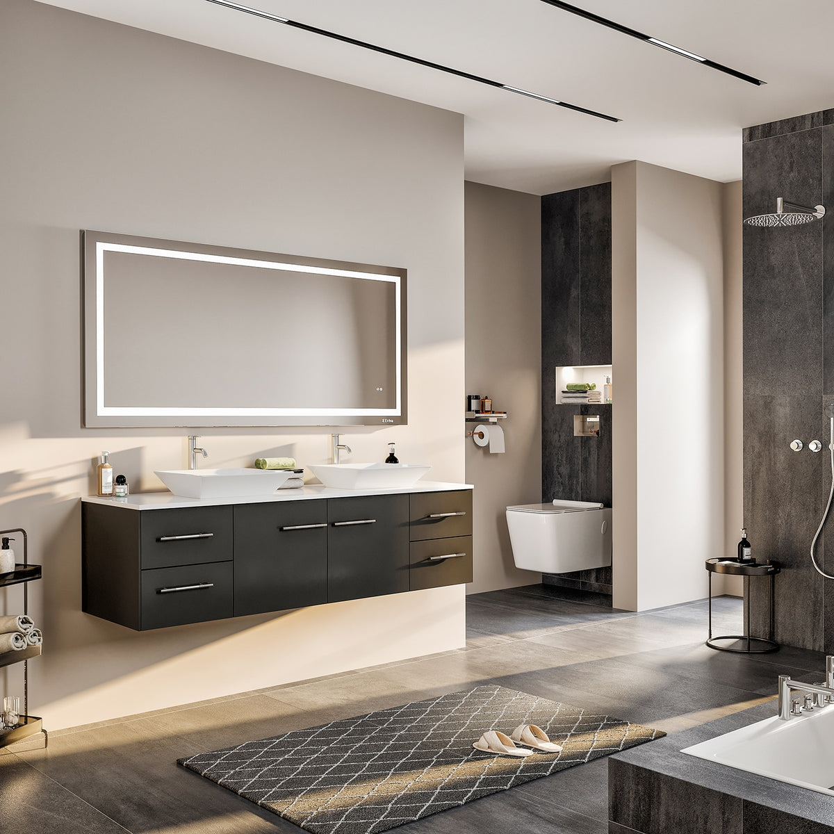 Eviva Totti Wave 72 in. W x 16 in. D x 22 in. H Double Bathroom Vanity, Espresso, White Glassos Top, White Vessel Sinks