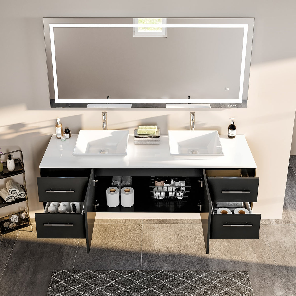Eviva Totti Wave 72 in. W x 16 in. D x 22 in. H Double Bathroom Vanity, Espresso, White Glassos Top, White Vessel Sinks