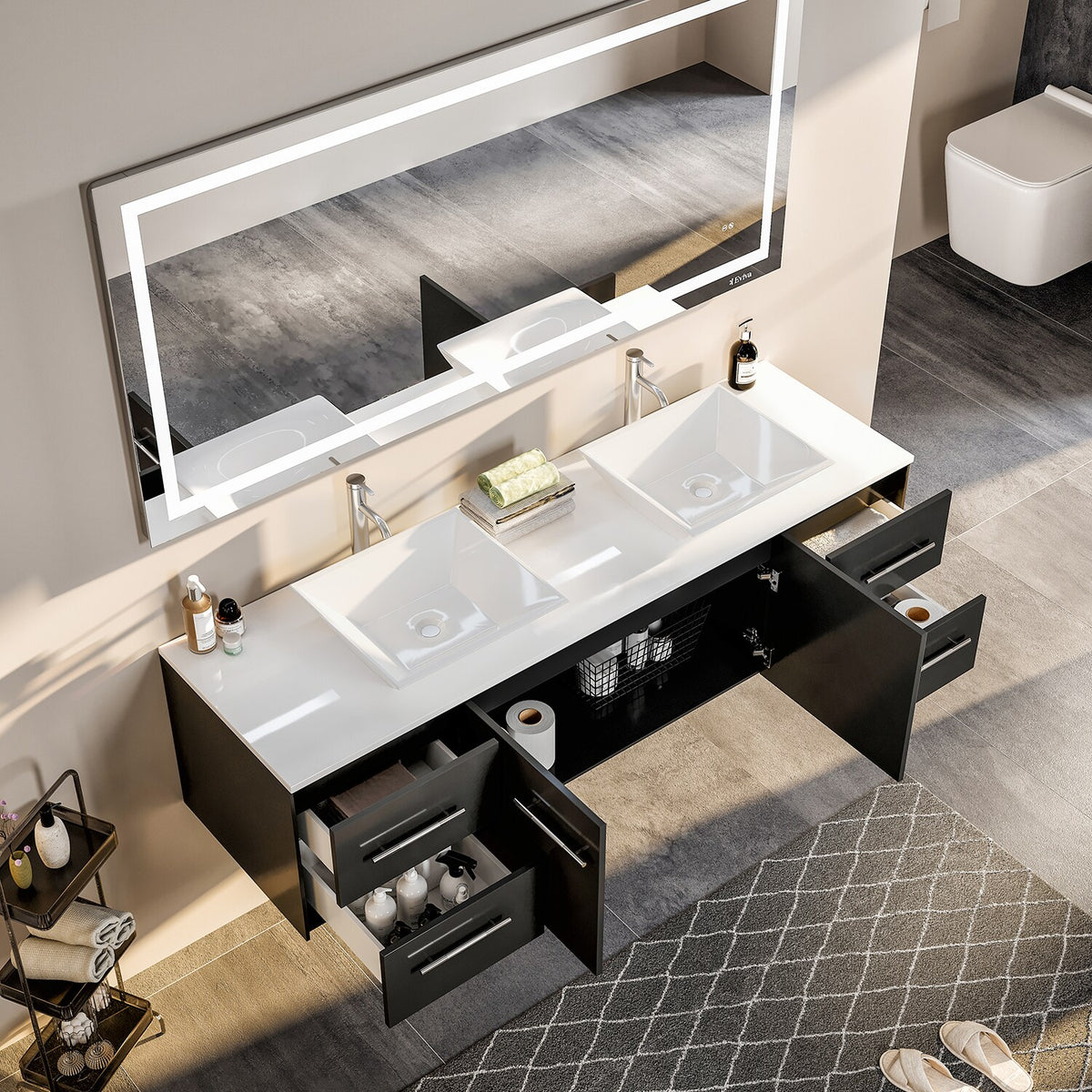 Eviva Totti Wave 72 in. W x 16 in. D x 22 in. H Double Bathroom Vanity, Espresso, White Glassos Top, White Vessel Sinks