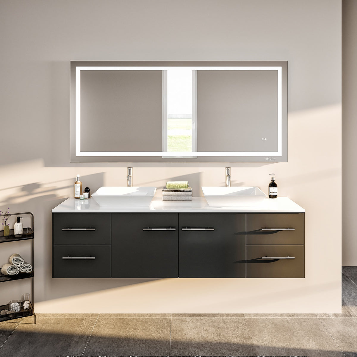 Eviva Totti Wave 72 in. W x 16 in. D x 22 in. H Double Bathroom Vanity, Espresso, White Glassos Top, White Vessel Sinks
