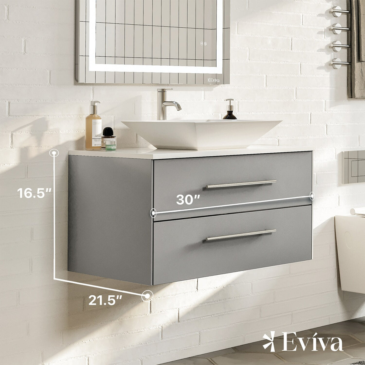 Eviva Totti Wave 30 in. W x 21.5 in. D x 16.5 in. H Floating Bathroom Vanity in Gray with White Glass Top and Vessel Sink