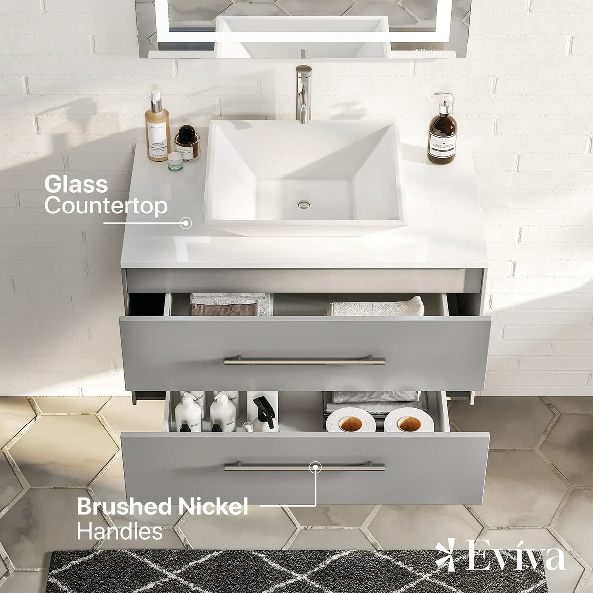Eviva Totti Wave 30 in. W x 21.5 in. D x 16.5 in. H Floating Bathroom Vanity in Gray with White Glass Top and Vessel Sink
