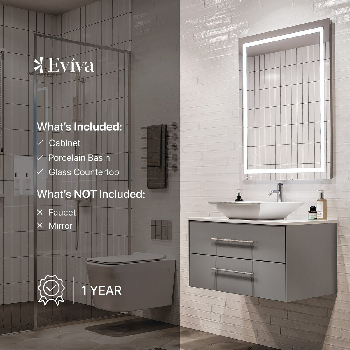Eviva Totti Wave 30 in. W x 21.5 in. D x 16.5 in. H Floating Bathroom Vanity in Gray with White Glass Top and Vessel Sink