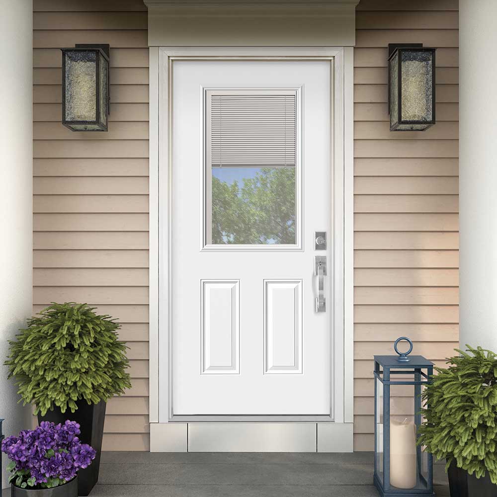 Masonite 36-in x 80-in Steel Half Lite Left-Hand Inswing Primed Prehung Single Front Door with Brickmould, Insulating Core, Blinds Between Glass