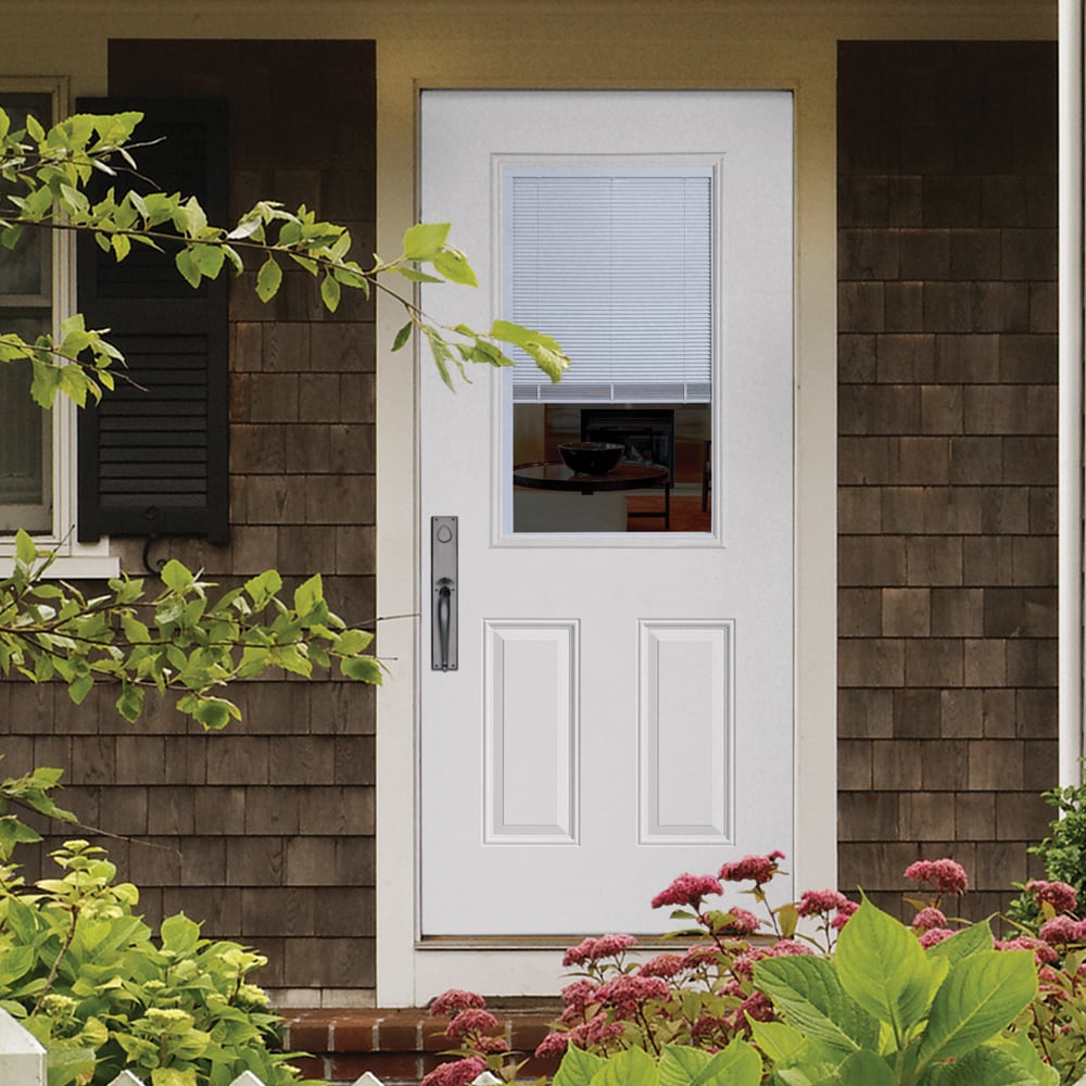 Masonite 30-in x 80-in Steel Half Lite Right-Hand Inswing Primed Prehung Front Door with Brickmould, Insulating Core, Blinds Between Glass