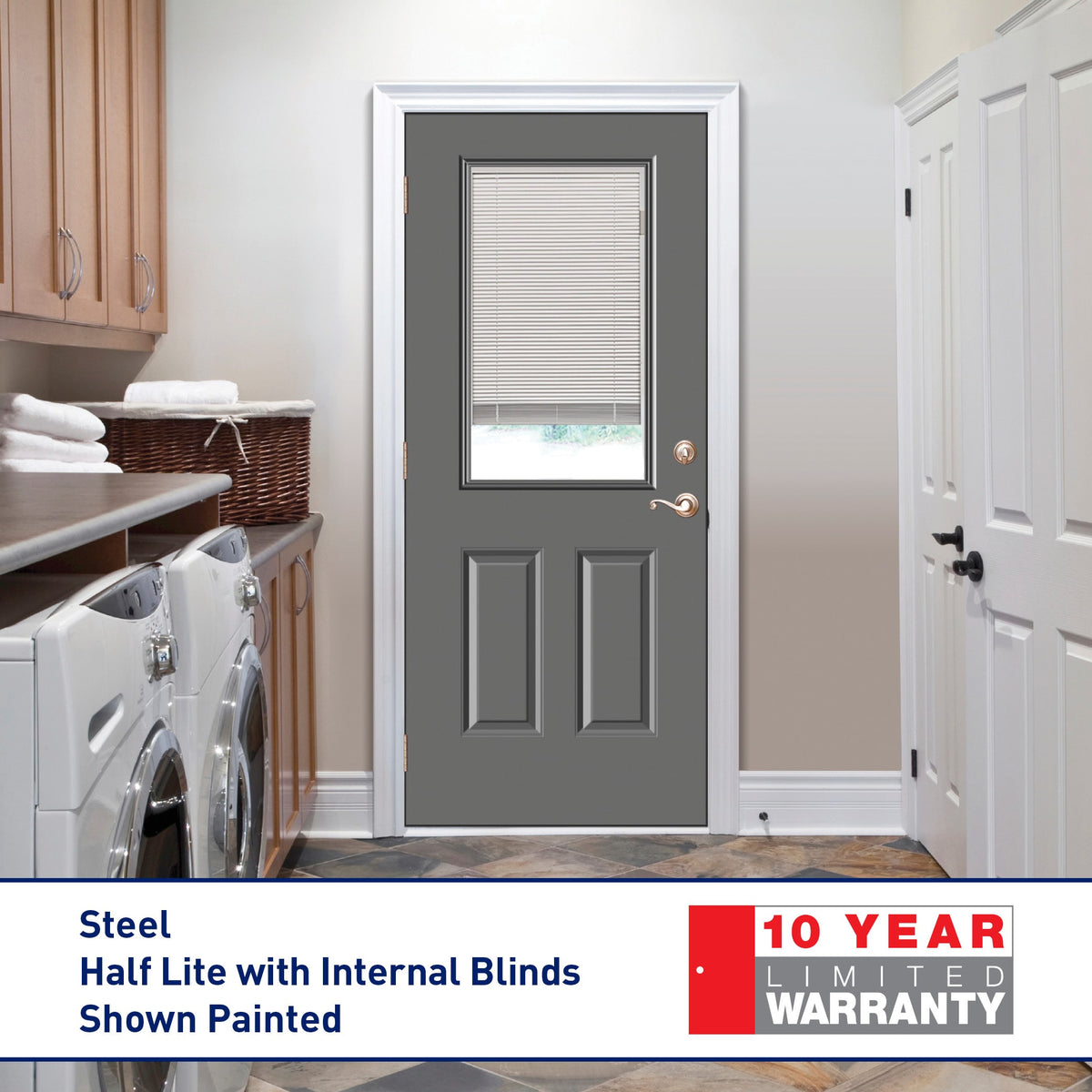 Therma-Tru Benchmark Doors 32-in x 80-in Steel Half Lite Left-Hand Inswing Ready-to-Paint Prehung Front Door with Brickmould and Internal Blinds