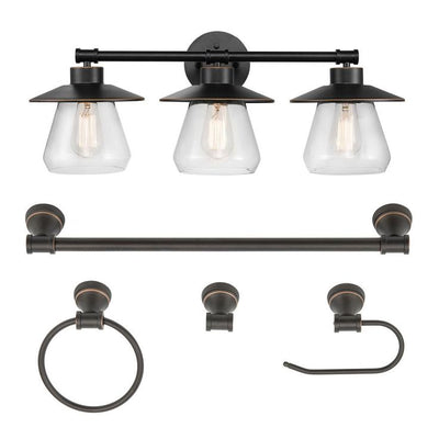 Nate 3-Light Oil Rubbed Bronze Vanity Light With Clear Glass Shades and Bath Set