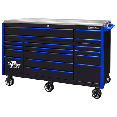 Extreme Tools EX Professional Series 72inW x 30inD 17 Drawer Triple Bank Roller Cabinet Black, Blue Quick Release Drawer Pulls