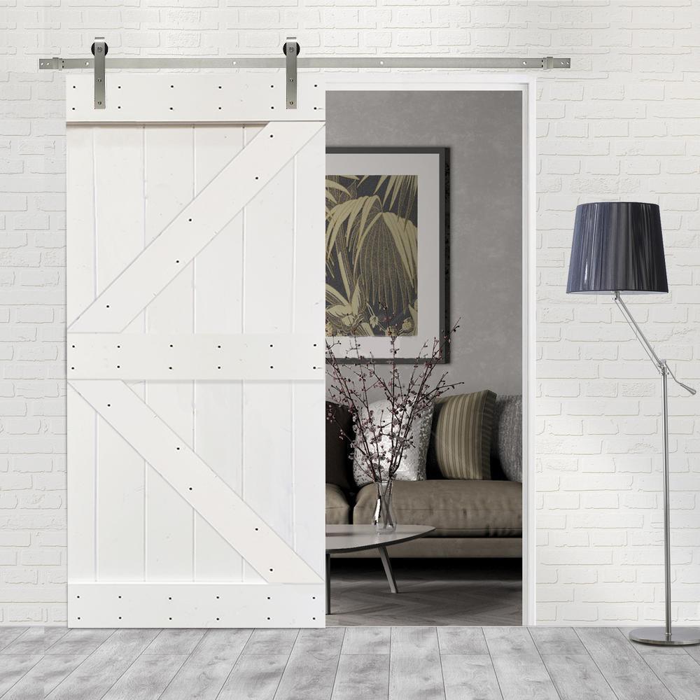 K Series 30 in. x 84 in. White Knotty Pine Wood Interior Sliding Barn Door with Stainless Steel Hardware Kit - Super Arbor