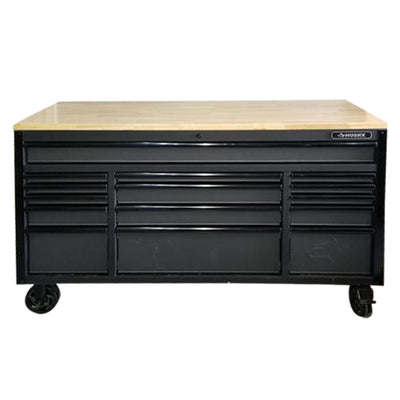 Husky 61 in. W x 23 in. D Heavy Duty 15-Drawer Mobile Workbench Tool Chest with Solid Wood Top in Matte Black