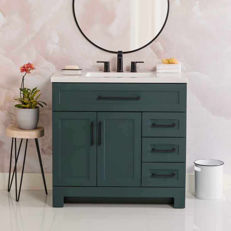 Style Selections Cauley 36-in Viridian Green Single Sink Bathroom Vanity with White Cultured Marble Top